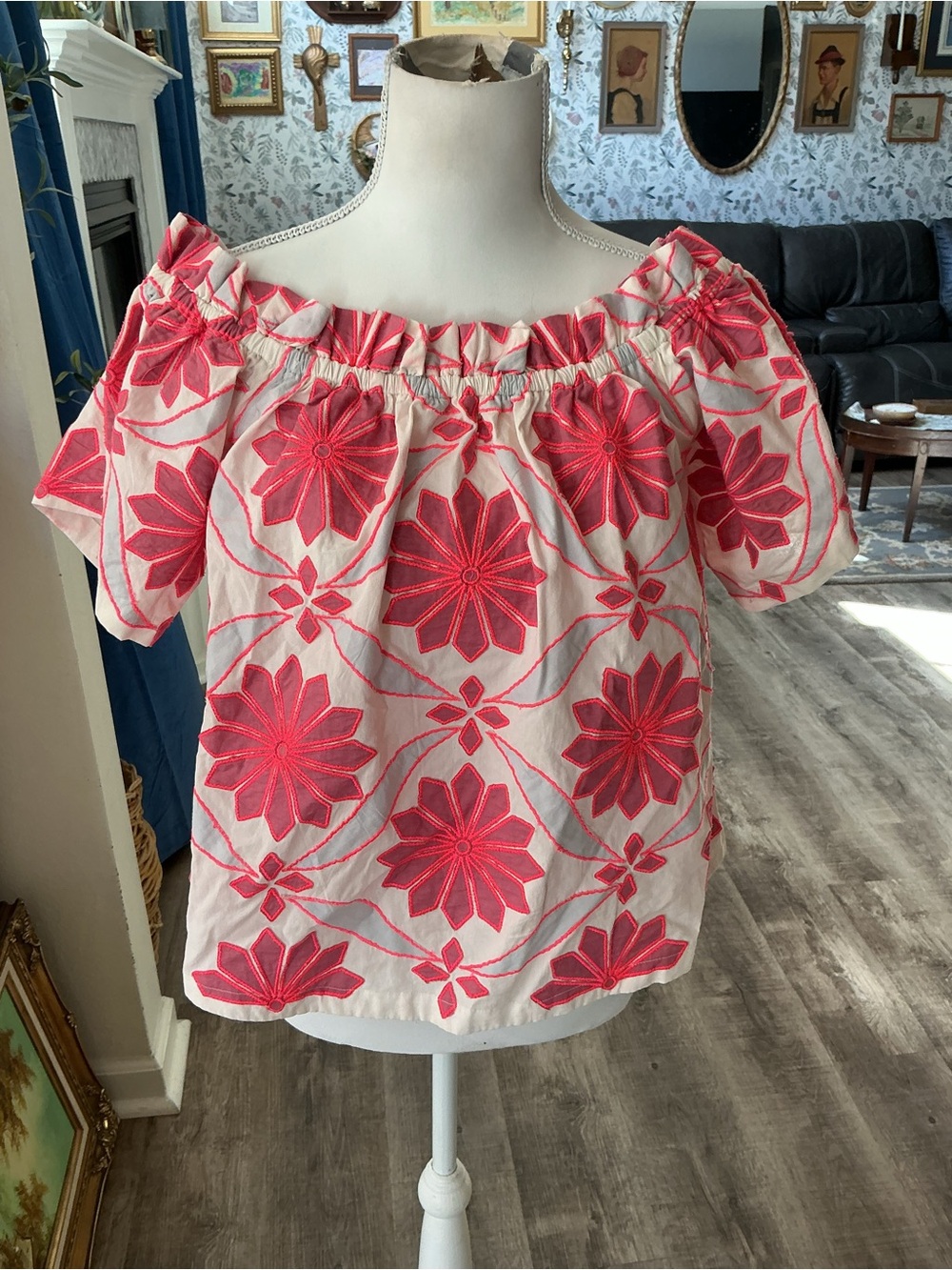 Maeve/Anthropologie White Pink Floral Embroidered Off Shoulder Puff Sleeve Small